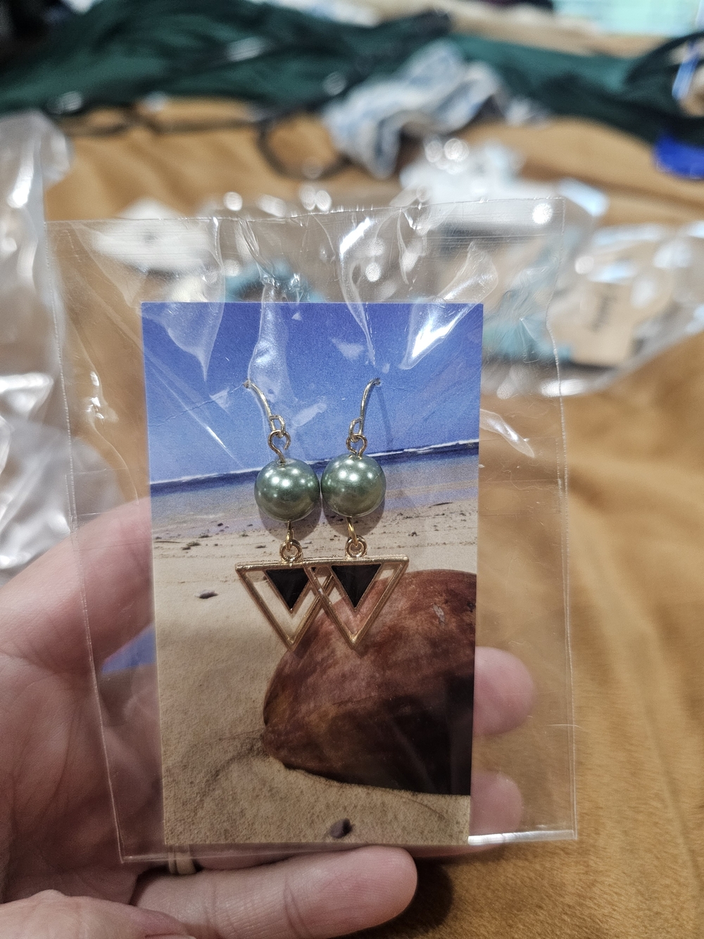 Green Pearl Drop Earrings with Gold Triangle Accents
